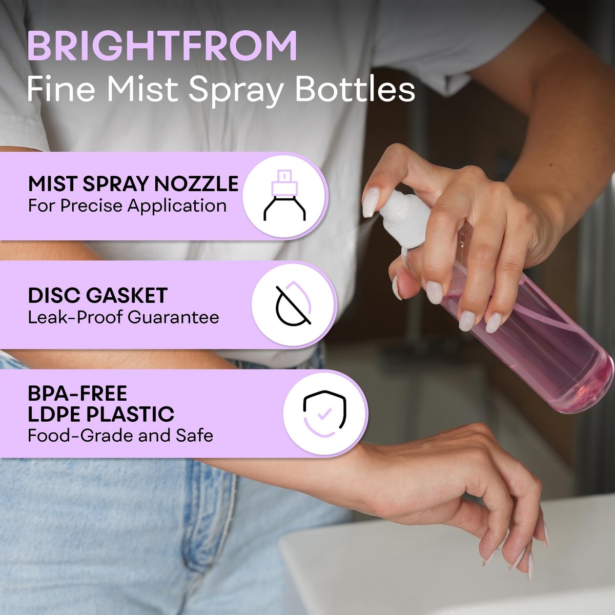 BRIGHTFROM Feinsprühflaschen 8 OZ, leere nachfüllbare Behälter für ätherische Öle, Desinfektionsspray, Wasser 2er-Pack (klar, weißer Sprühnebel)