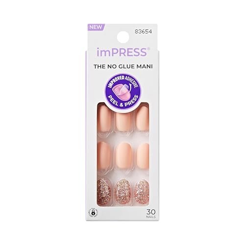 Kiss Impress No Glue Mani Press On Nails, Design 'Evanesce', Beige, Kurze Länge, Ovale Form, 30 Nägel + Vorbereitungspad, Anleitung, Manikürestab, Mini-Feile