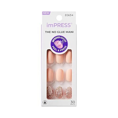 Kiss Impress No Glue Mani Press On Nails, Design 'Evanesce', Beige, Kurze Länge, Ovale Form, 30 Nägel + Vorbereitungspad, Anleitung, Manikürestab, Mini-Feile