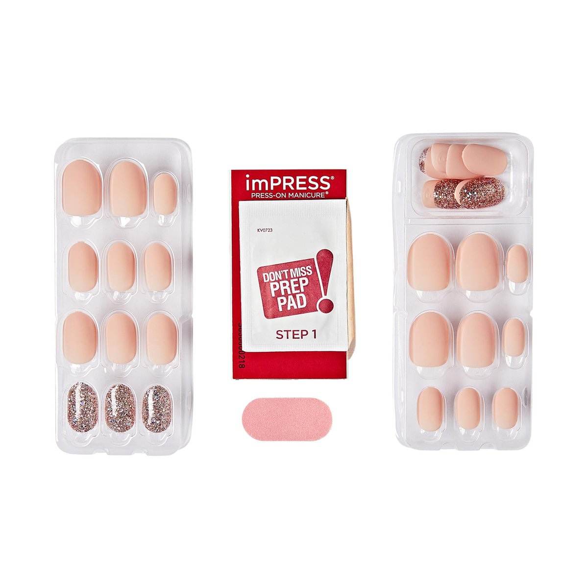 Kiss Impress No Glue Mani Press On Nails, Design 'Evanesce', Beige, Kurze Länge, Ovale Form, 30 Nägel + Vorbereitungspad, Anleitung, Manikürestab, Mini-Feile