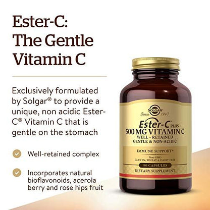 Solgar Ester-C Plus 500 mg Vitamin C mit Citrus-Bioflavonoiden - 90 Kapseln - Sanft & nicht sauer, gut verwertbar - 24-Stunden-Immununterstützung - Non-GMO, glutenfrei - 90 Portionen