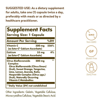 Solgar Ester-C Plus 500 mg Vitamin C mit Citrus-Bioflavonoiden - 90 Kapseln - Sanft & nicht sauer, gut verwertbar - 24-Stunden-Immununterstützung - Non-GMO, glutenfrei - 90 Portionen