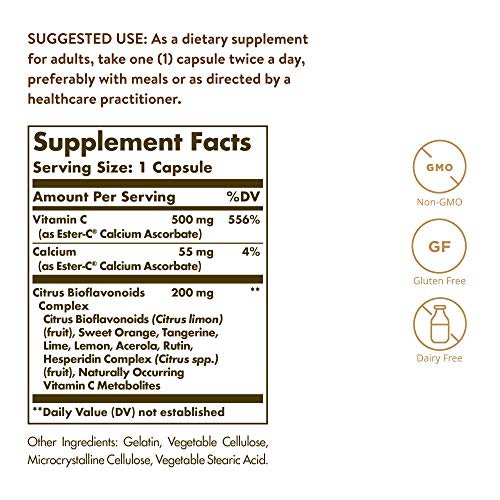 Solgar Ester-C Plus 500 mg Vitamin C mit Citrus-Bioflavonoiden - 90 Kapseln - Sanft & nicht sauer, gut verwertbar - 24-Stunden-Immununterstützung - Non-GMO, glutenfrei - 90 Portionen