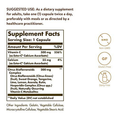 Solgar Ester-C Plus 500 mg Vitamin C mit Citrus-Bioflavonoiden - 90 Kapseln - Sanft & nicht sauer, gut verwertbar - 24-Stunden-Immununterstützung - Non-GMO, glutenfrei - 90 Portionen