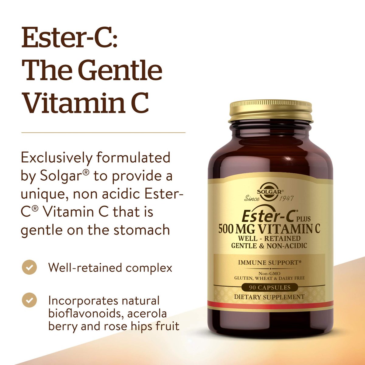 Solgar Ester-C Plus 500 mg Vitamin C mit Citrus-Bioflavonoiden - 90 Kapseln - Sanft & nicht sauer, gut verwertbar - 24-Stunden-Immununterstützung - Non-GMO, glutenfrei - 90 Portionen