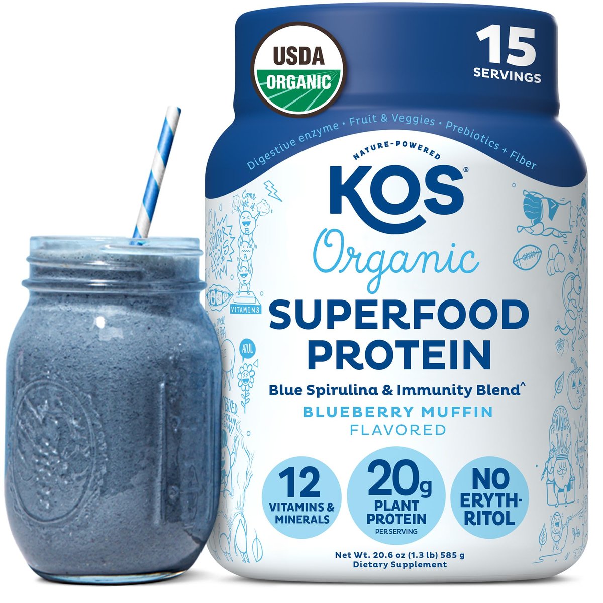 KOS Bio pflanzliches Proteinpulver, Blaubeer-Muffin – Bio-Erbsenprotein-Superfood mit Spirulina und Immununterstützung – Soja-, gluten- und milchfrei – veganer Mahlzeitenersatz für Frauen und Männer – 15 Portionen