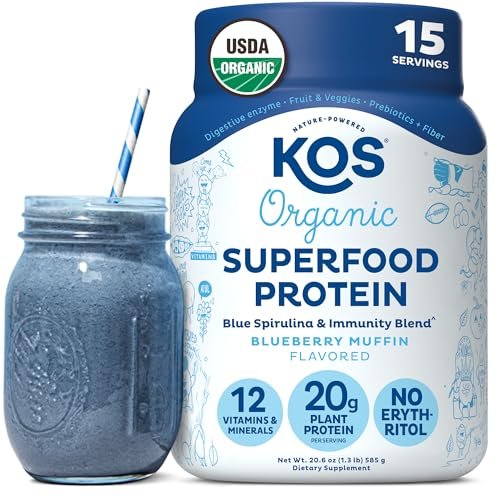 KOS Bio pflanzliches Proteinpulver, Blaubeer-Muffin – Bio-Erbsenprotein-Superfood mit Spirulina und Immununterstützung – Soja-, gluten- und milchfrei – veganer Mahlzeitenersatz für Frauen und Männer – 15 Portionen