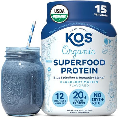 KOS Bio pflanzliches Proteinpulver, Blaubeer-Muffin – Bio-Erbsenprotein-Superfood mit Spirulina und Immununterstützung – Soja-, gluten- und milchfrei – veganer Mahlzeitenersatz für Frauen und Männer – 15 Portionen