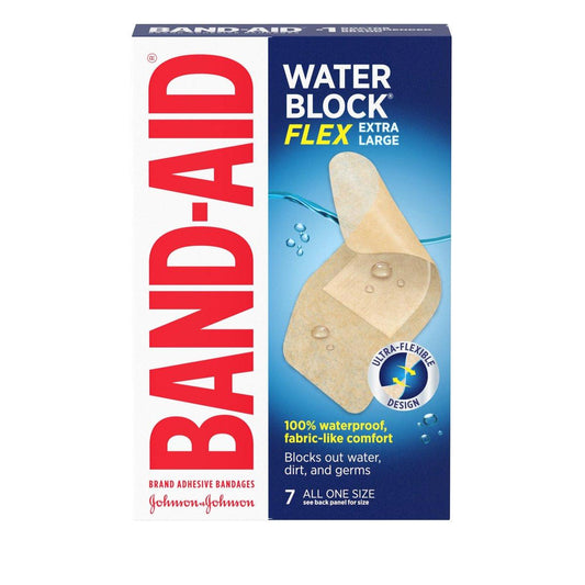 Band-Aid Brand Water Block Flex 100% wasserdichte Pflaster für die Wundversorgung kleiner Schnitte, Schürfwunden und Wunden – ultraflexibles Design, steril, extragroß, 7 Stück