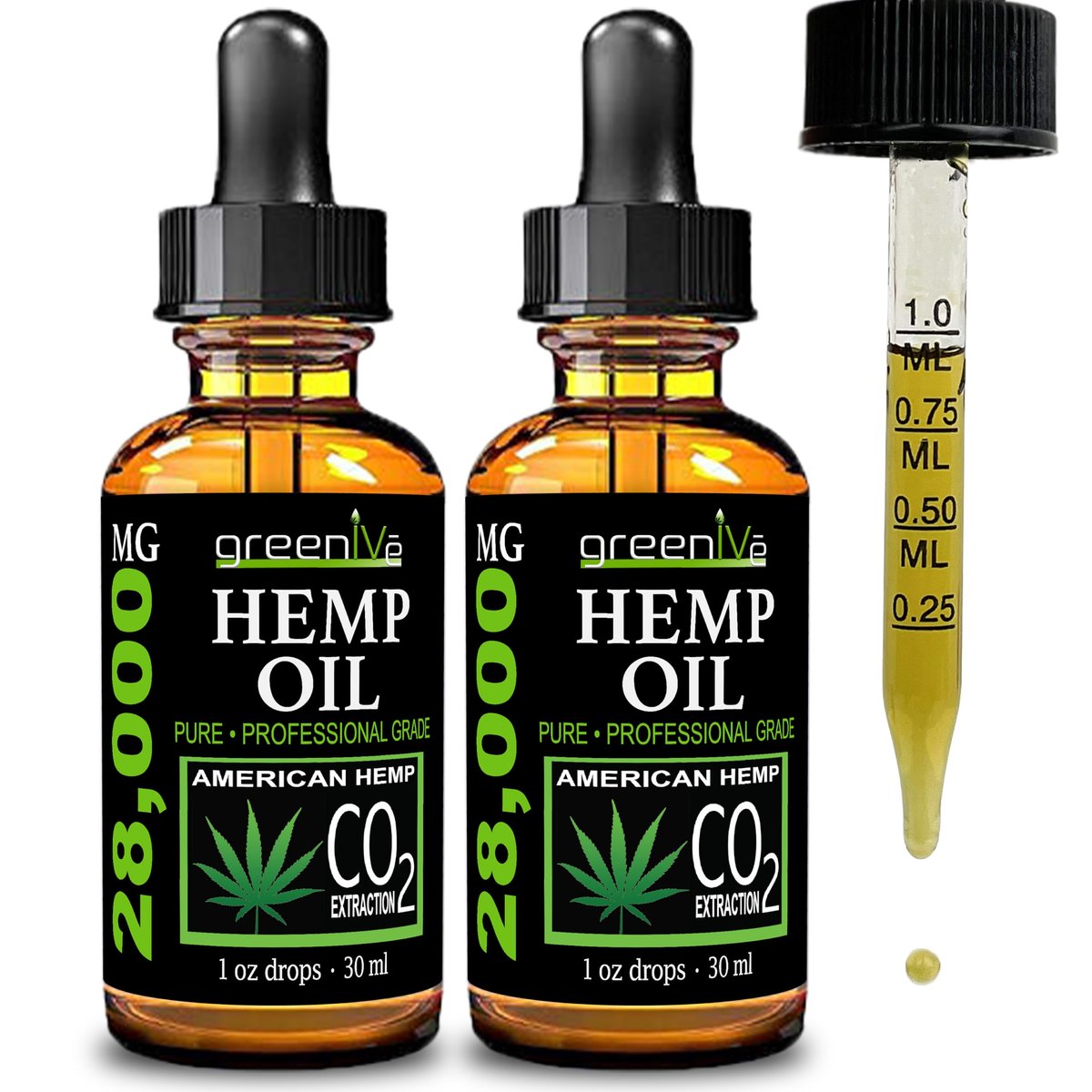 GreenIVe Hanföl Tropfen 28.000 mg pro Flasche – natürlich angebaut, vegan, reich an Omega – Premium Hanföl Pipette – Nicht-GVO, hergestellt in USA – 30 ml (2er-Pack)