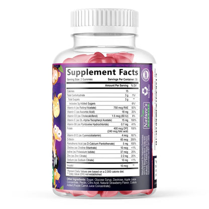 Multivitamin für Kinder – Tägliche Vitamin-Gummibärchen mit Vitamin D, B-Vitaminen, Zink & mehr – Energie, Gedächtnis & Immununterstützung – Natürlicher Beerengeschmack – 60 Gummibärchen