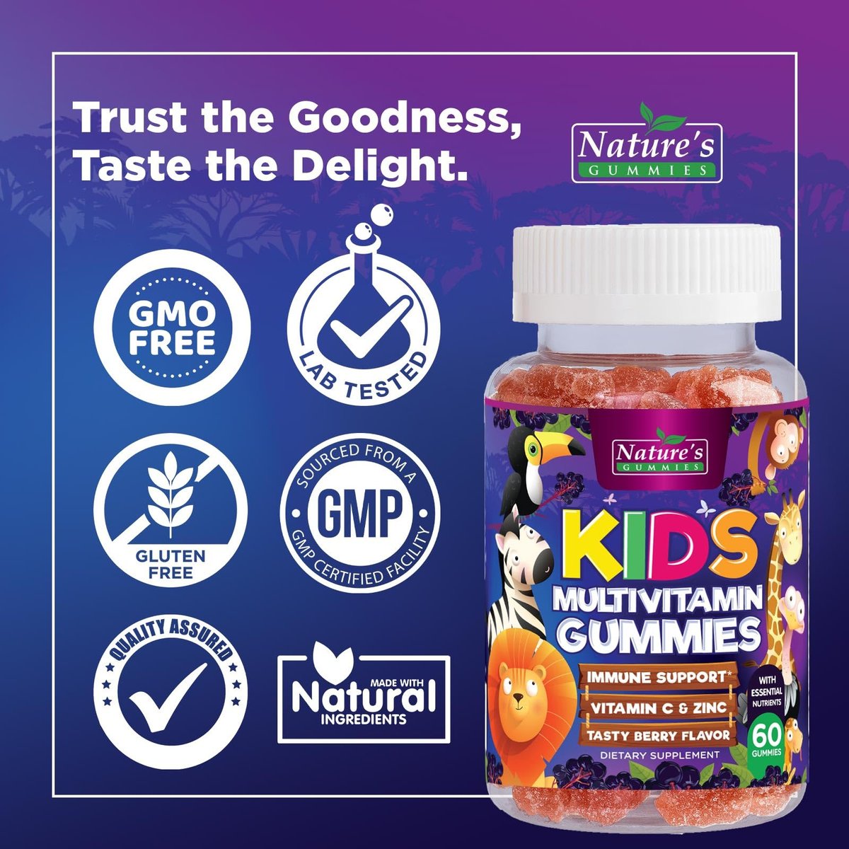 Multivitamin für Kinder – Tägliche Vitamin-Gummibärchen mit Vitamin D, B-Vitaminen, Zink & mehr – Energie, Gedächtnis & Immununterstützung – Natürlicher Beerengeschmack – 60 Gummibärchen