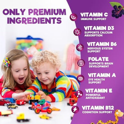 Multivitamin für Kinder – Tägliche Vitamin-Gummibärchen mit Vitamin D, B-Vitaminen, Zink & mehr – Energie, Gedächtnis & Immununterstützung – Natürlicher Beerengeschmack – 60 Gummibärchen
