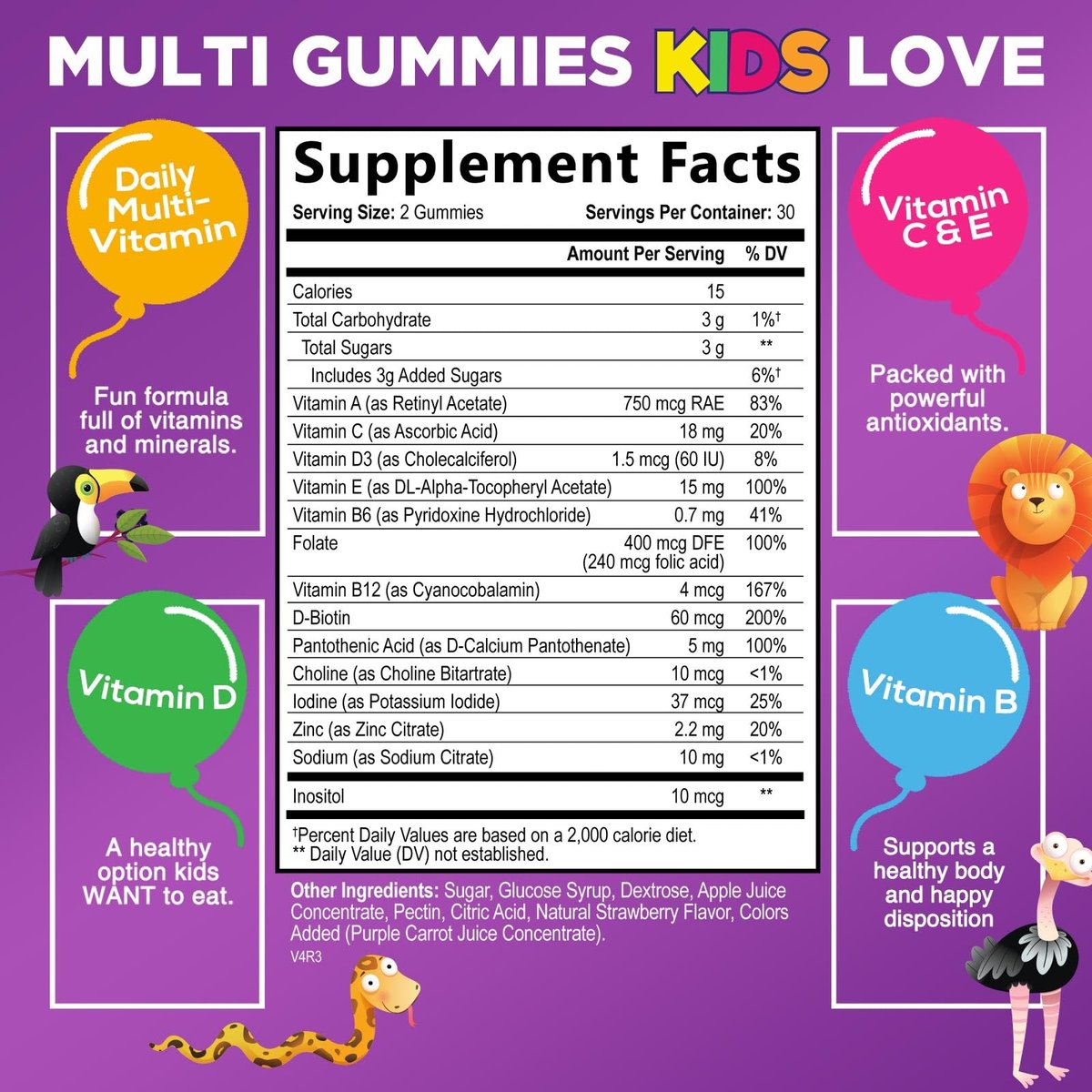 Multivitamin für Kinder – Tägliche Vitamin-Gummibärchen mit Vitamin D, B-Vitaminen, Zink & mehr – Energie, Gedächtnis & Immununterstützung – Natürlicher Beerengeschmack – 60 Gummibärchen