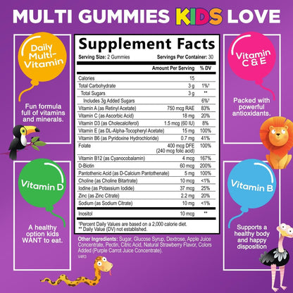 Multivitamin für Kinder – Tägliche Vitamin-Gummibärchen mit Vitamin D, B-Vitaminen, Zink & mehr – Energie, Gedächtnis & Immununterstützung – Natürlicher Beerengeschmack – 60 Gummibärchen