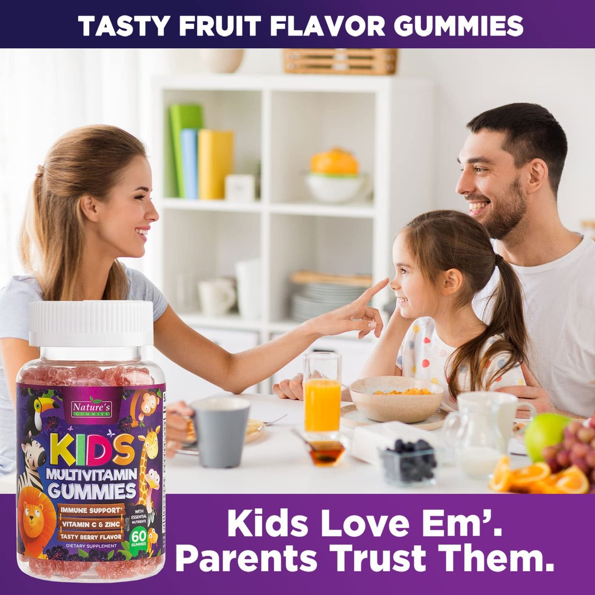 Multivitamin für Kinder – Tägliche Vitamin-Gummibärchen mit Vitamin D, B-Vitaminen, Zink & mehr – Energie, Gedächtnis & Immununterstützung – Natürlicher Beerengeschmack – 60 Gummibärchen