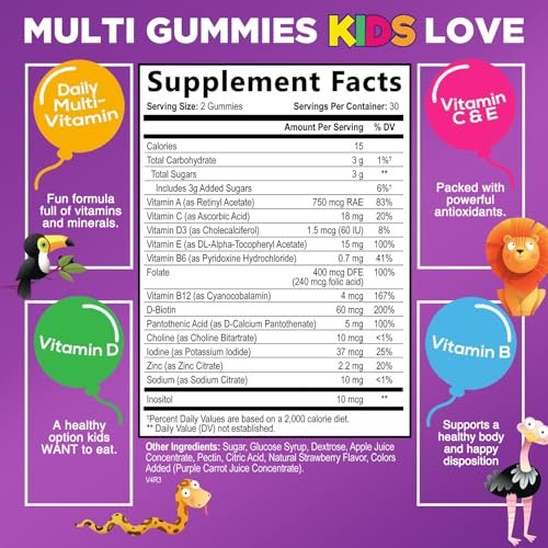 Multivitamin für Kinder – Tägliche Vitamin-Gummibärchen mit Vitamin D, B-Vitaminen, Zink & mehr – Energie, Gedächtnis & Immununterstützung – Natürlicher Beerengeschmack – 60 Gummibärchen
