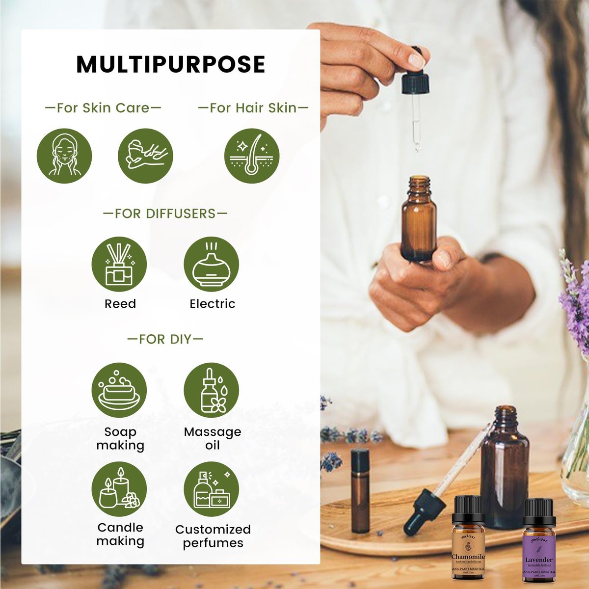 yethious Bio Kamille Lavendel Ätherisches Öl Set – 2x10ml Reine Aromatherapie Öle für Diffuser