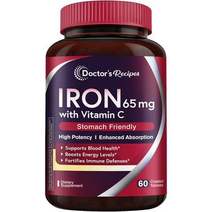 Doctor's Recipes Eisen 65 mg mit Vitamin C – Maximale Aufnahme & magenfreundliche Eisen Tabletten für Bildung roter Blutkörperchen, Herz, Gehirn & Immunsystem – Vegan, Non-GMO, 60 Tabletten