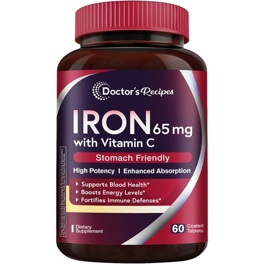 Doctor's Recipes Eisen 65 mg mit Vitamin C – Maximale Aufnahme & magenfreundliche Eisen Tabletten für Bildung roter Blutkörperchen, Herz, Gehirn & Immunsystem – Vegan, Non-GMO, 60 Tabletten