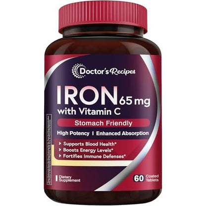Doctor's Recipes Eisen 65 mg mit Vitamin C – Maximale Aufnahme & magenfreundliche Eisen Tabletten für Bildung roter Blutkörperchen, Herz, Gehirn & Immunsystem – Vegan, Non-GMO, 60 Tabletten