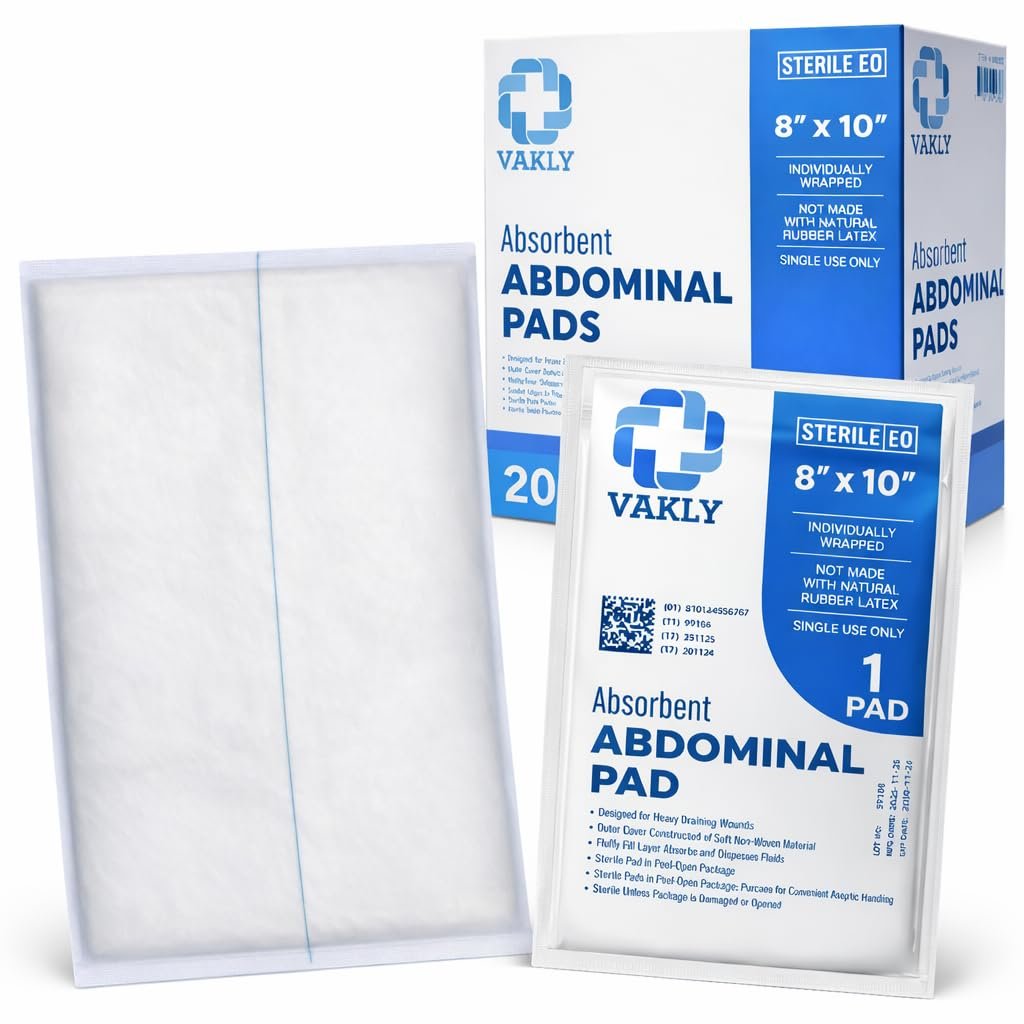 Vakly ABD-Pads 8" x 10" Steril (20er-Pack) – Bauchkompressen mit hoher Saugfähigkeit, nicht haftende Wundauflagen, einzeln verpackt für Wundversorgung & Erste Hilfe – Latexfrei (20er-Pack)