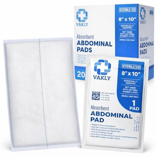 Vakly ABD-Pads 8" x 10" Steril (20er-Pack) – Bauchkompressen mit hoher Saugfähigkeit, nicht haftende Wundauflagen, einzeln verpackt für Wundversorgung & Erste Hilfe – Latexfrei (20er-Pack)