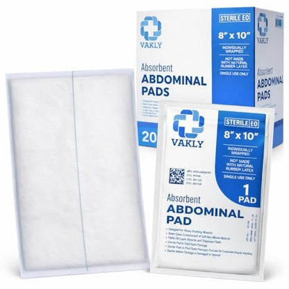 Vakly ABD-Pads 8" x 10" Steril (20er-Pack) – Bauchkompressen mit hoher Saugfähigkeit, nicht haftende Wundauflagen, einzeln verpackt für Wundversorgung & Erste Hilfe – Latexfrei (20er-Pack)