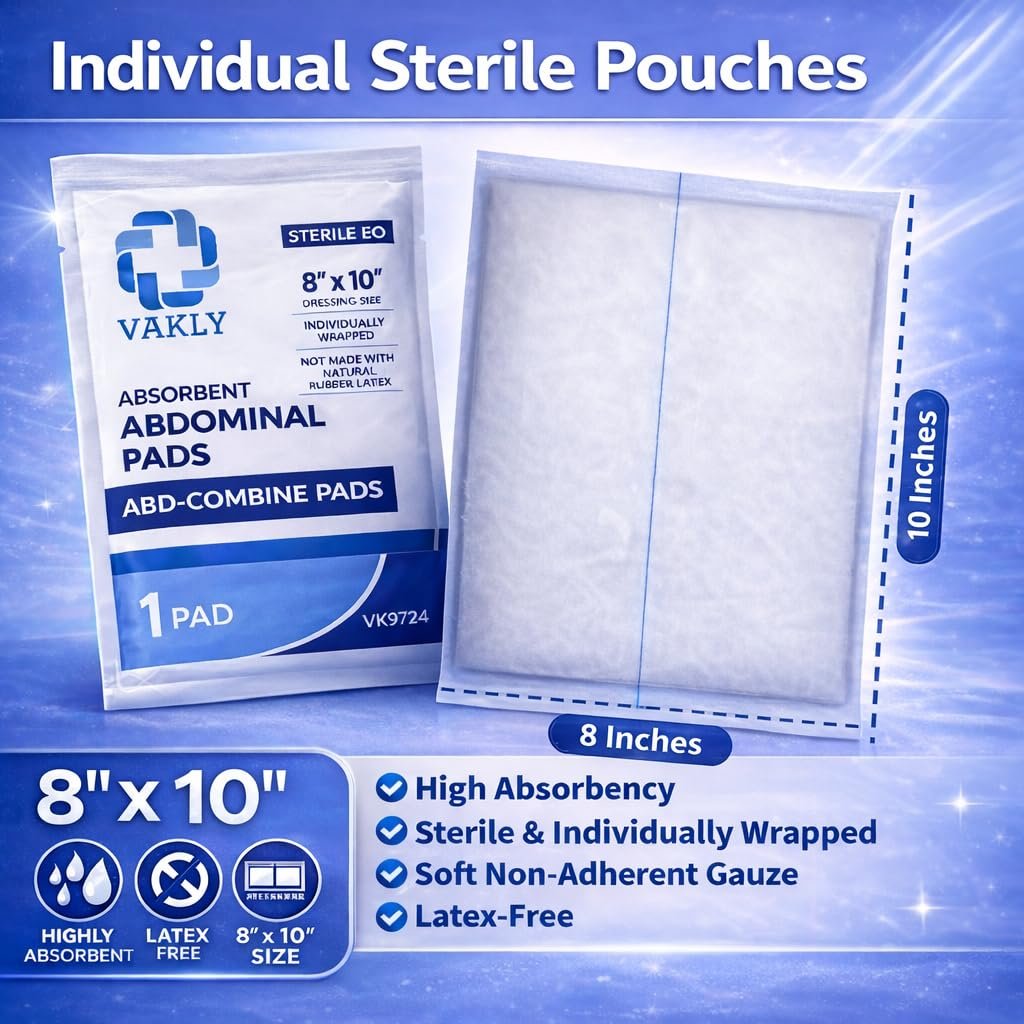 Vakly ABD-Pads 8" x 10" Steril (20er-Pack) – Bauchkompressen mit hoher Saugfähigkeit, nicht haftende Wundauflagen, einzeln verpackt für Wundversorgung & Erste Hilfe – Latexfrei (20er-Pack)