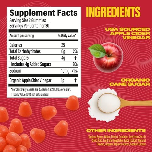 BUBS Naturals Apfelessig Gummibärchen mit der Mutter – Vegan, natürliche ACV Gummivitamine, unterstützt Entgiftung, Verdauung & Energie-Booster mit B-Vitaminen, 60 Stück