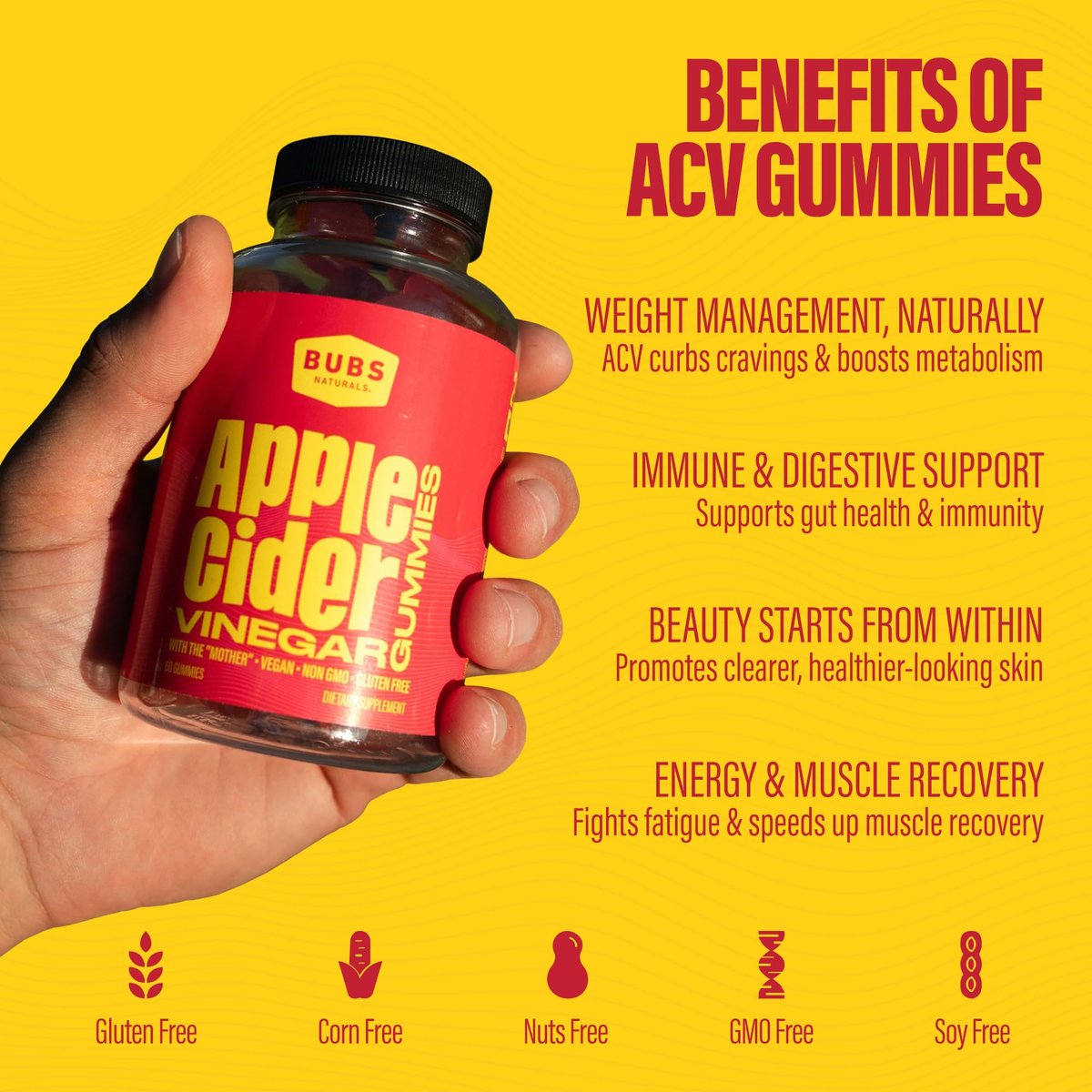 BUBS Naturals Apfelessig Gummibärchen mit der Mutter – Vegan, natürliche ACV Gummivitamine, unterstützt Entgiftung, Verdauung & Energie-Booster mit B-Vitaminen, 60 Stück