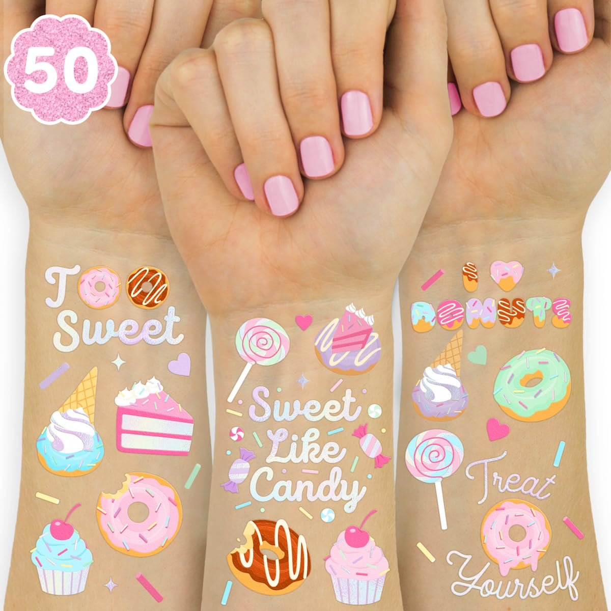 xo, Fetti Donut Temporäre Tattoos - 50 Irideszierende Motive | Süße Geburtstagsdekoration, Cupcake-Party, Cotton Candy Gastgeschenke
