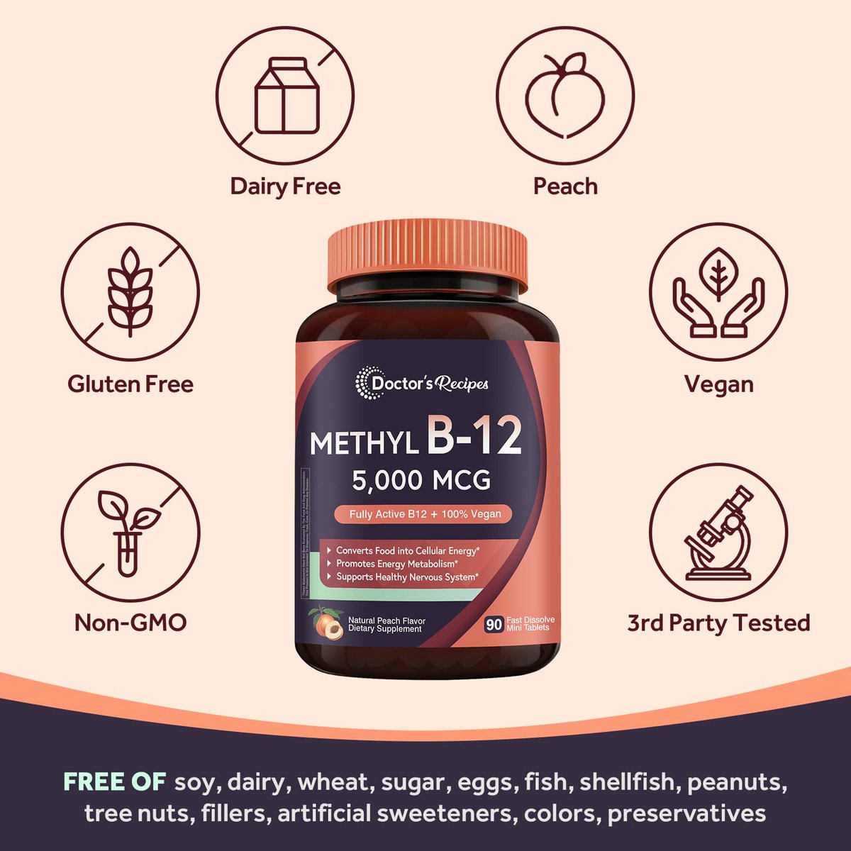 Doctor's Recipes Vitamin B12 5000 mcg - 90 Fast-Dissolve Tabletten mit natürlichem Pfirsichgeschmack - Methylcobalamin für Energie und Nervensystem