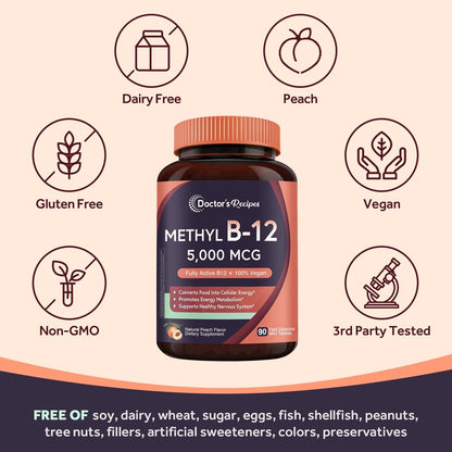 Doctor's Recipes Vitamin B12 5000 mcg - 90 Fast-Dissolve Tabletten mit natürlichem Pfirsichgeschmack - Methylcobalamin für Energie und Nervensystem