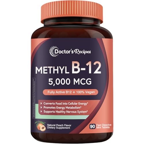 Doctor's Recipes Vitamin B12 5000 mcg - 90 Fast-Dissolve Tabletten mit natürlichem Pfirsichgeschmack - Methylcobalamin für Energie und Nervensystem