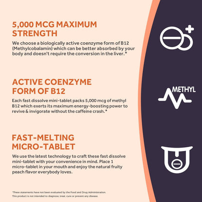 Doctor's Recipes Vitamin B12 5000 mcg - 90 Fast-Dissolve Tabletten mit natürlichem Pfirsichgeschmack - Methylcobalamin für Energie und Nervensystem