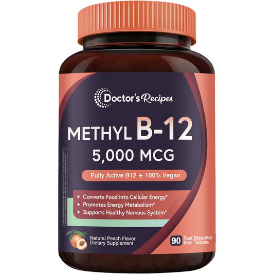 Doctor's Recipes Vitamin B12 5000 mcg - 90 Fast-Dissolve Tabletten mit natürlichem Pfirsichgeschmack - Methylcobalamin für Energie und Nervensystem