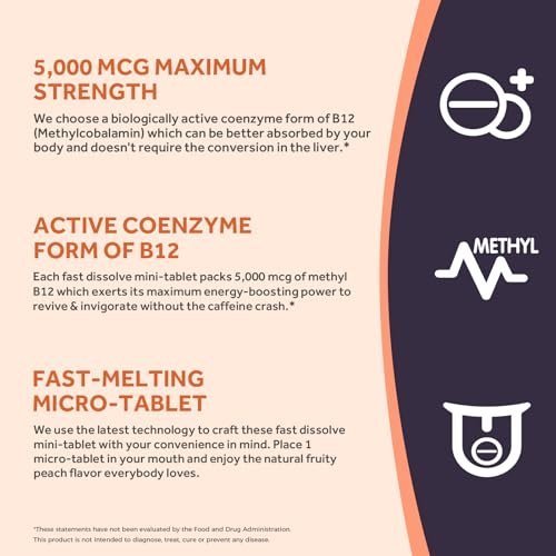 Doctor's Recipes Vitamin B12 5000 mcg - 90 Fast-Dissolve Tabletten mit natürlichem Pfirsichgeschmack - Methylcobalamin für Energie und Nervensystem