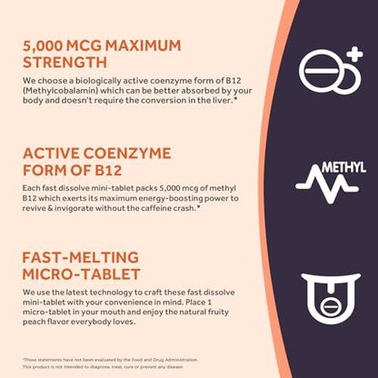 Doctor's Recipes Vitamin B12 5000 mcg - 90 Fast-Dissolve Tabletten mit natürlichem Pfirsichgeschmack - Methylcobalamin für Energie und Nervensystem