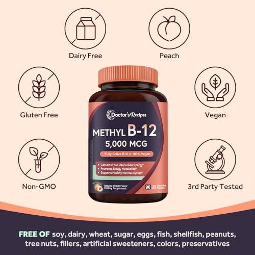 Doctor's Recipes Vitamin B12 5000 mcg - 90 Fast-Dissolve Tabletten mit natürlichem Pfirsichgeschmack - Methylcobalamin für Energie und Nervensystem