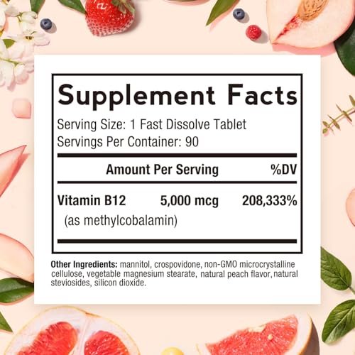 Doctor's Recipes Vitamin B12 5000 mcg - 90 Fast-Dissolve Tabletten mit natürlichem Pfirsichgeschmack - Methylcobalamin für Energie und Nervensystem