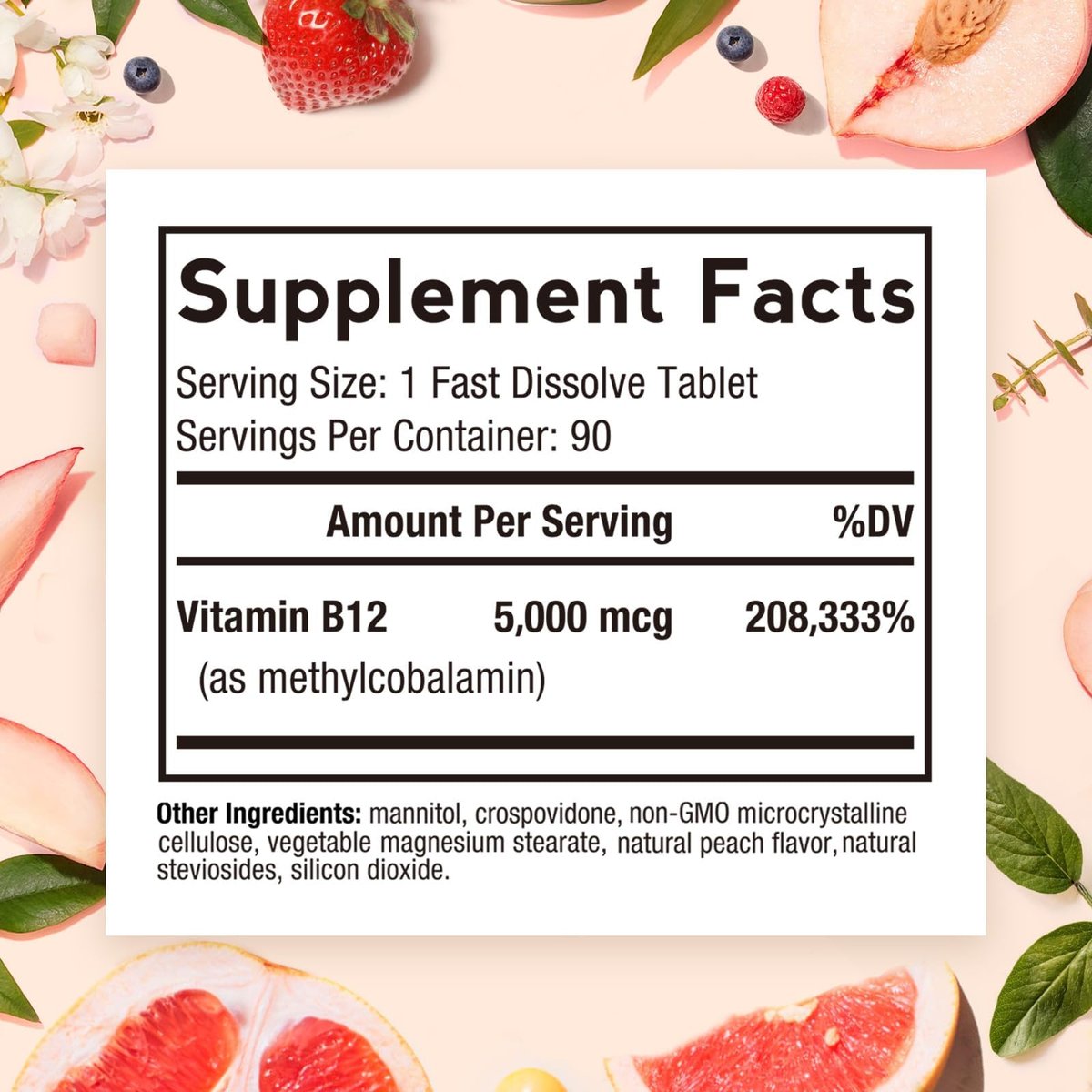 Doctor's Recipes Vitamin B12 5000 mcg - 90 Fast-Dissolve Tabletten mit natürlichem Pfirsichgeschmack - Methylcobalamin für Energie und Nervensystem