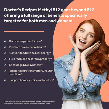 Doctor's Recipes Vitamin B12 5000 mcg - 90 Fast-Dissolve Tabletten mit natürlichem Pfirsichgeschmack - Methylcobalamin für Energie und Nervensystem