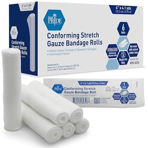 MED PRIDE Sterile Stretch-Gaze-Rolle, Latexfrei, Nicht haftende Rollenbinde für die Wundversorgung, Weich und Elastisch (6 x 147,6 Zoll, Packung mit 6 Stück)