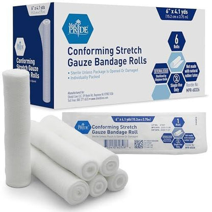 MED PRIDE Sterile Stretch-Gaze-Rolle, Latexfrei, Nicht haftende Rollenbinde für die Wundversorgung, Weich und Elastisch (6 x 147,6 Zoll, Packung mit 6 Stück)