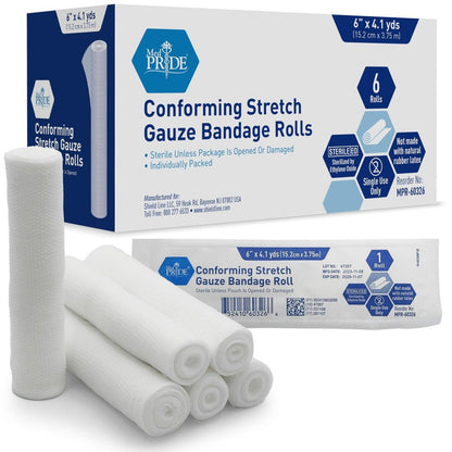 MED PRIDE Sterile Stretch-Gaze-Rolle, Latexfrei, Nicht haftende Rollenbinde für die Wundversorgung, Weich und Elastisch (6 x 147,6 Zoll, Packung mit 6 Stück)