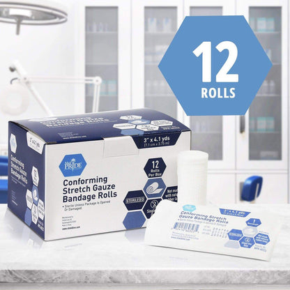 MED PRIDE Konformierende elastische Mullbinden 12 Rollen 3'' x 4,1 Yards | Steril, Latexfrei, Erste-Hilfe-Pads | Wundversorgung, nicht haftende Netzbandagen