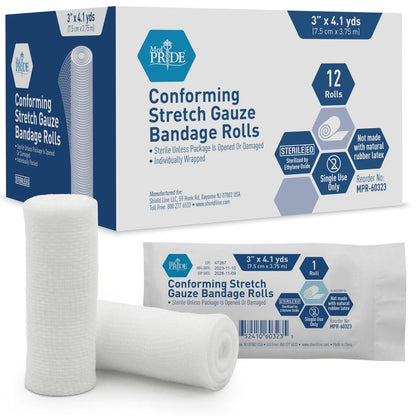 MED PRIDE Konformierende elastische Mullbinden 12 Rollen 3'' x 4,1 Yards | Steril, Latexfrei, Erste-Hilfe-Pads | Wundversorgung, nicht haftende Netzbandagen
