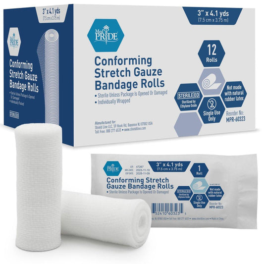 MED PRIDE Konformierende elastische Mullbinden 12 Rollen 3'' x 4,1 Yards | Steril, Latexfrei, Erste-Hilfe-Pads | Wundversorgung, nicht haftende Netzbandagen