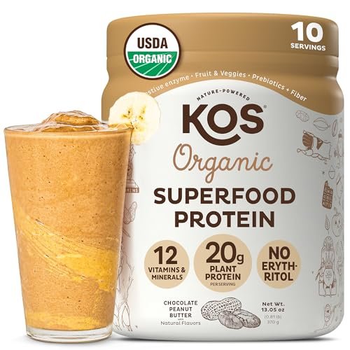 KOS Vegan Proteinpulver, Schokolade Erdnussbutter - Low Carb Erbsenprotein-Mix, USDA Bio Superfood mit Vitaminen & Mineralien - Keto, Soja, Milchfrei - Mahlzeitenersatz für Frauen & Männer - 10 Portionen